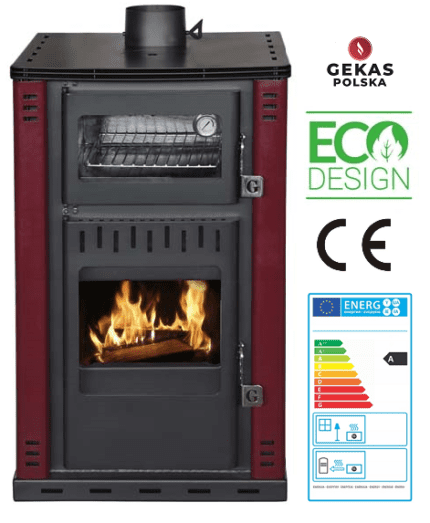 DG2300 piec na drewno od przodu: etykieta energetyczna klasa A, symbol CE, logo ECODesigne i Gekas Polsko e ekologiczny i certyfikowany